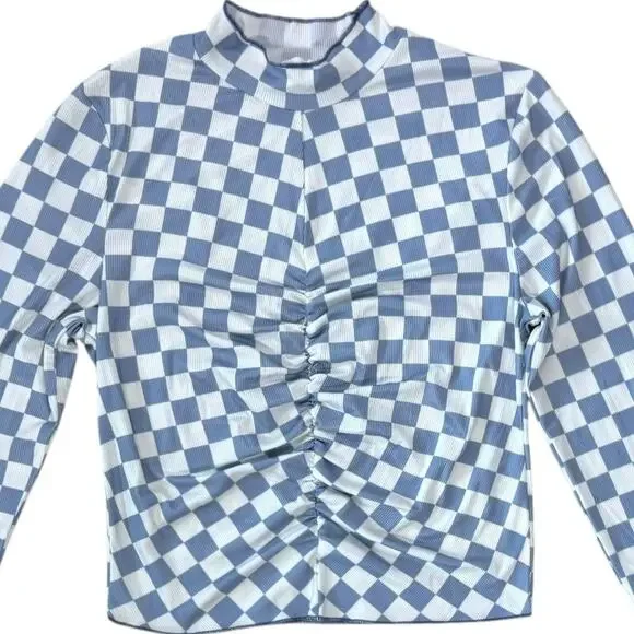 Storia Checkered Silky Long Sleeve Mock Neck Cinched Cropped Top Size Small NWOT - Picture 4 of 8
